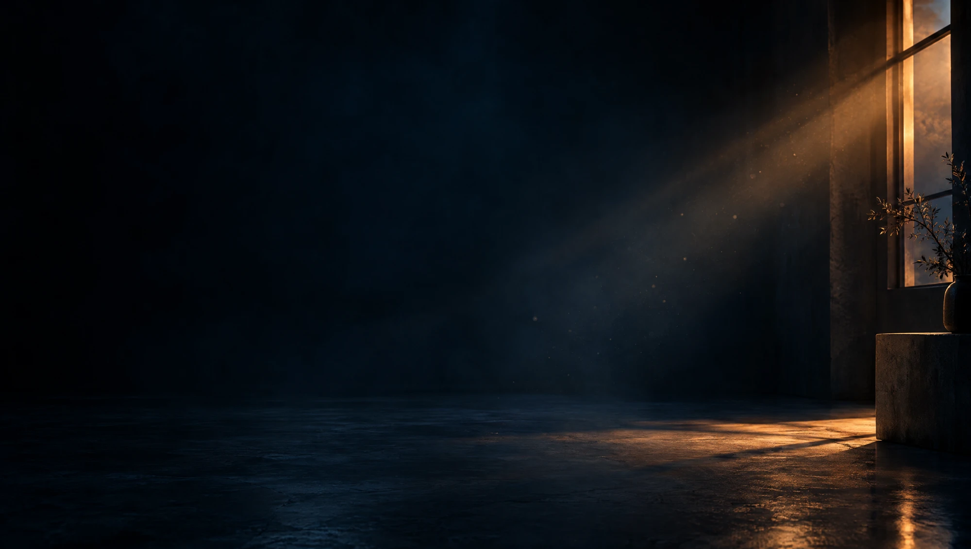 A dark, near-empty room lit only by a warm amber shaft of light falling through a tall window, cutting across a blue-black concrete floor.