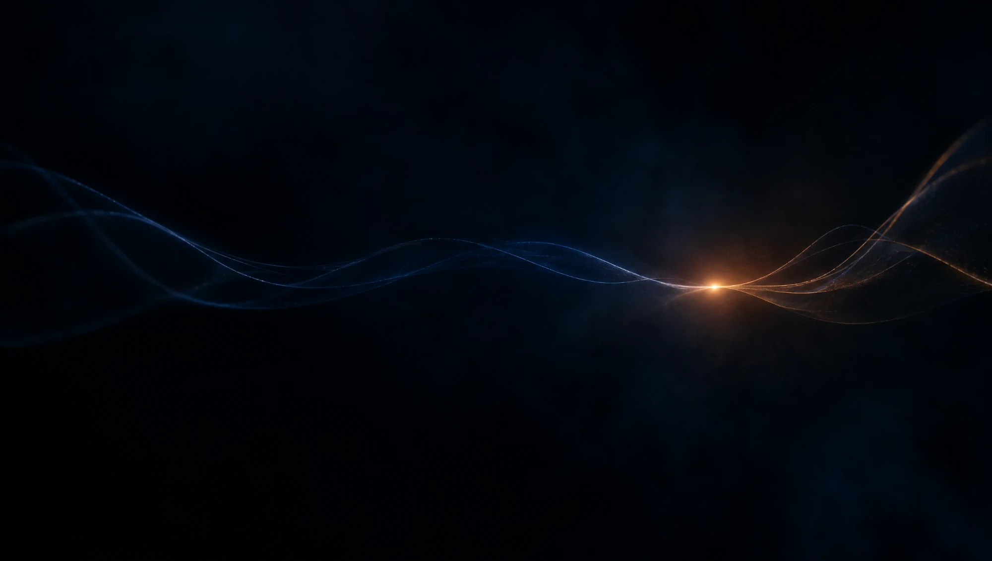 Two faint signal waves, one blue and one amber, converging into a single warm point of light on a black-blue field.