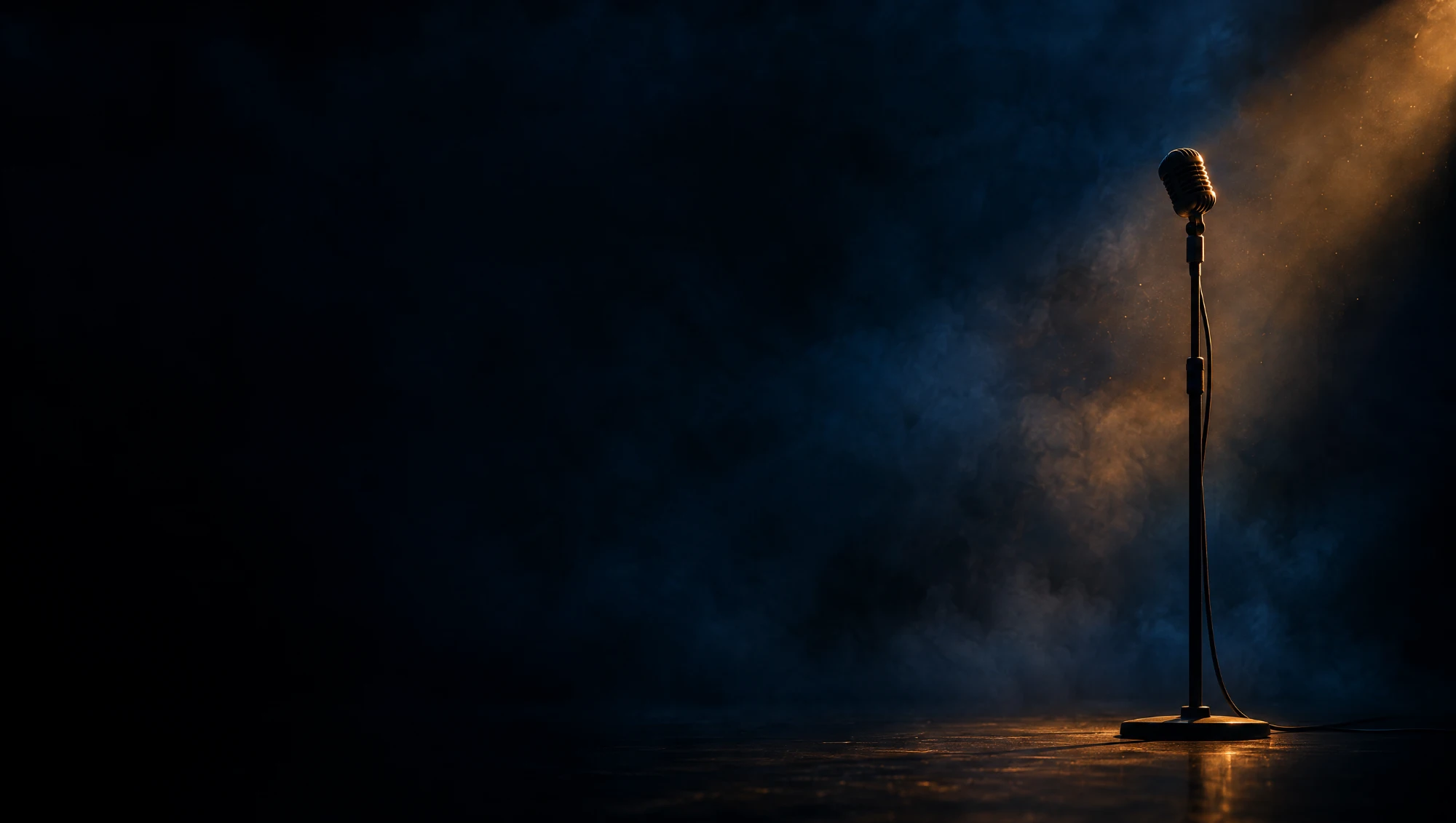 A lone vintage microphone on an empty stage, lit from behind by a warm amber beam cutting through blue smoke.