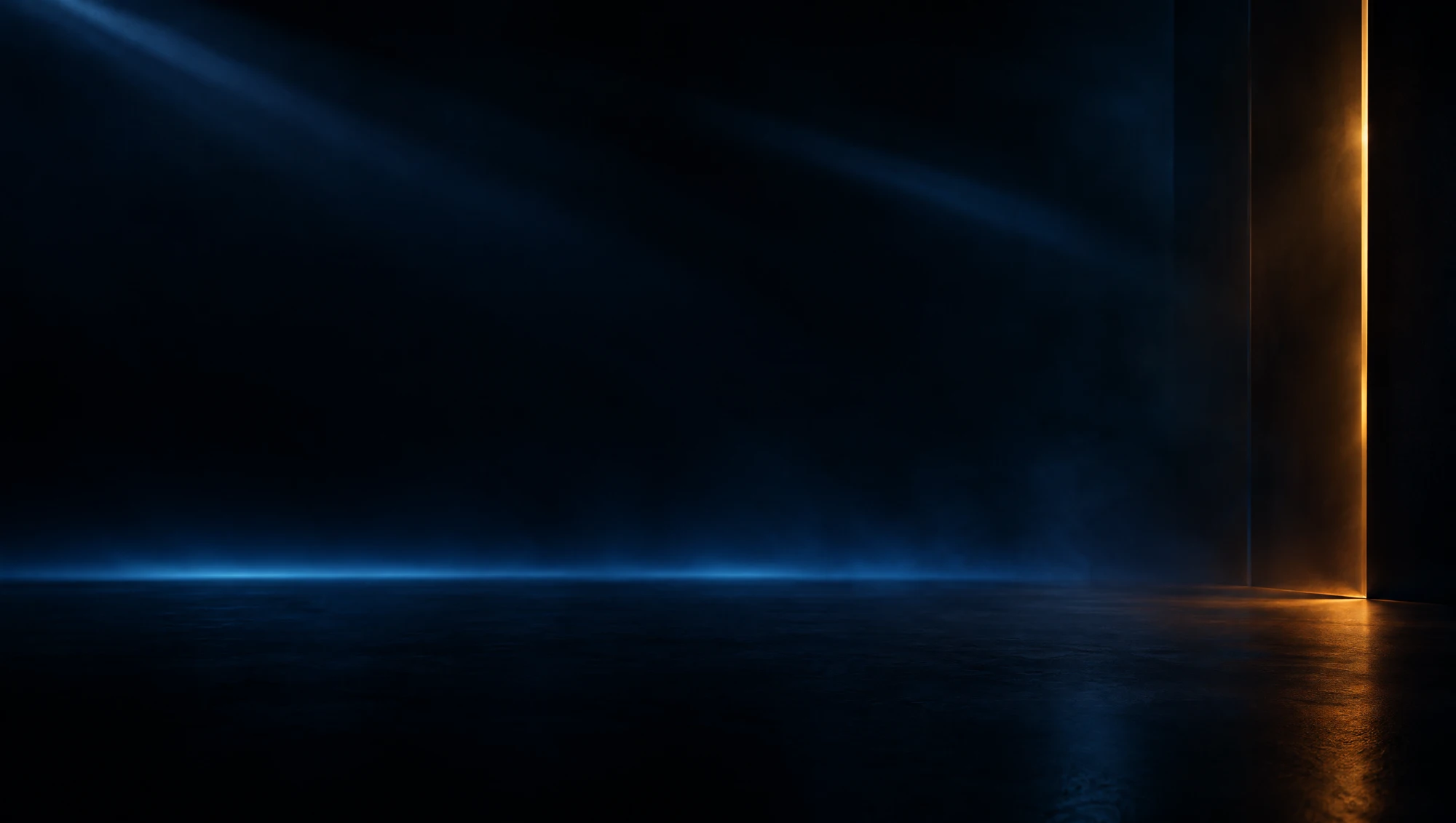A dark studio space with a low blue horizon glow across the floor and a single warm amber light edge at the far wall.