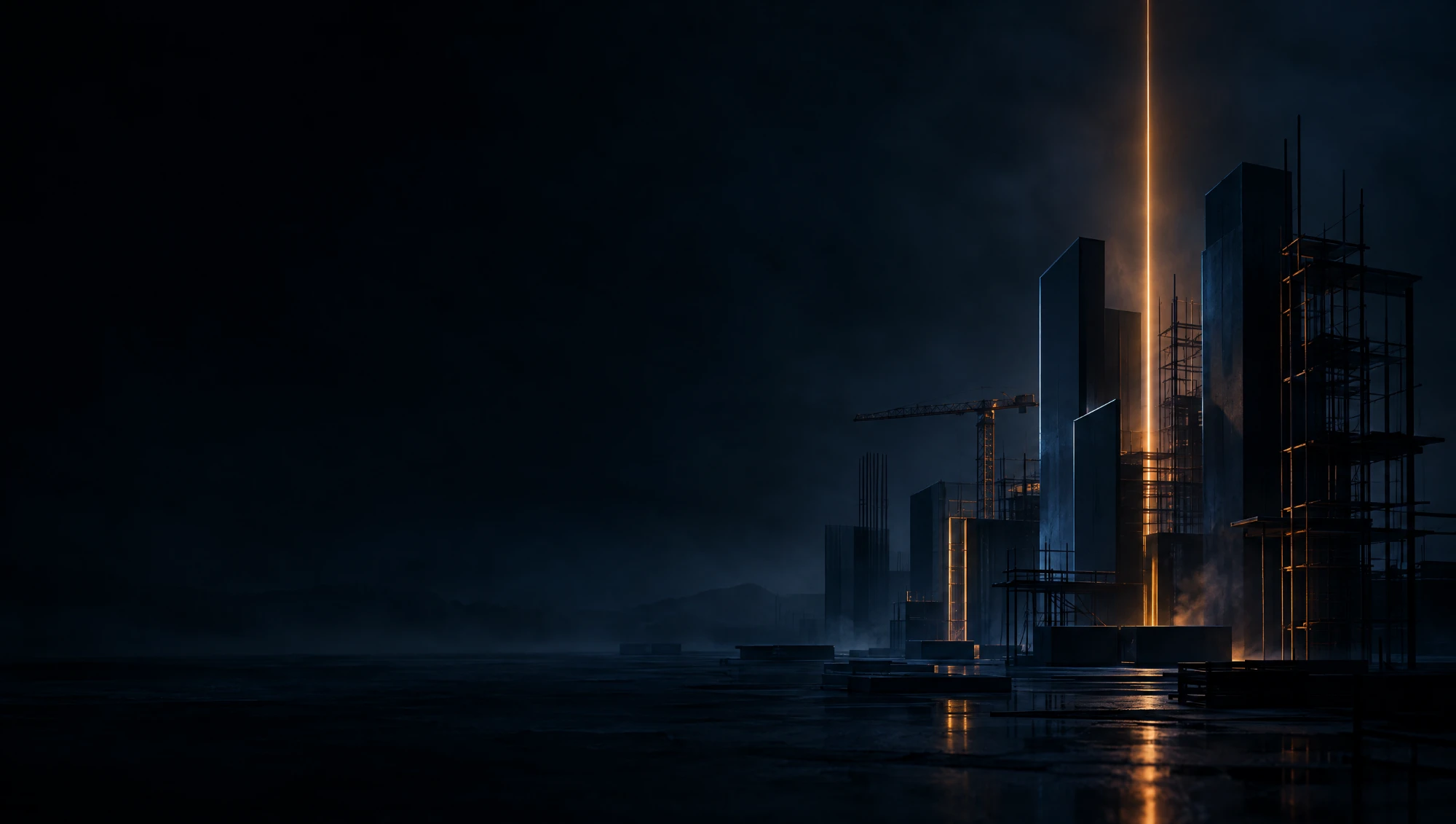 Concrete towers and scaffolding under construction at night on a deep blue-black ground, with a single amber light beam rising vertically through them and reflecting off the wet floor.